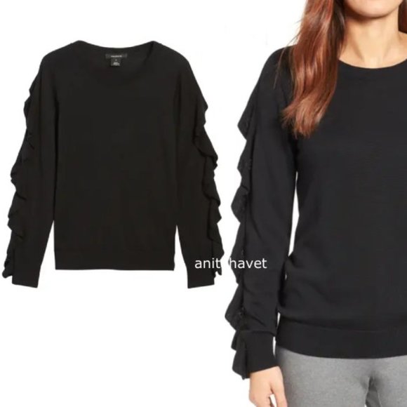 HALOGEN Ruffle Sleeve Sweater HA366332MI Black - Picture 3 of 3